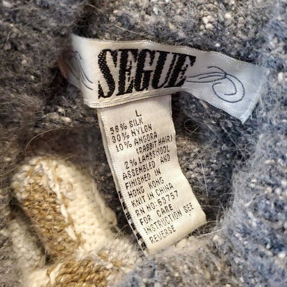 Vintage 90s Silk Angora Mock Neck Sweater L Argyle Diamond Academia Gray Brown - Picture 4 of 5